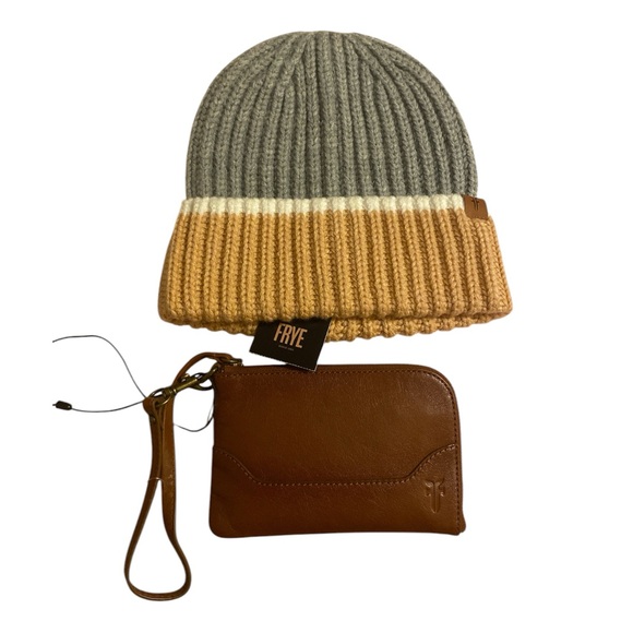 Frye Gray and Brown Knit Beanie with Brown Leather Wallet - Picture 1 of 6